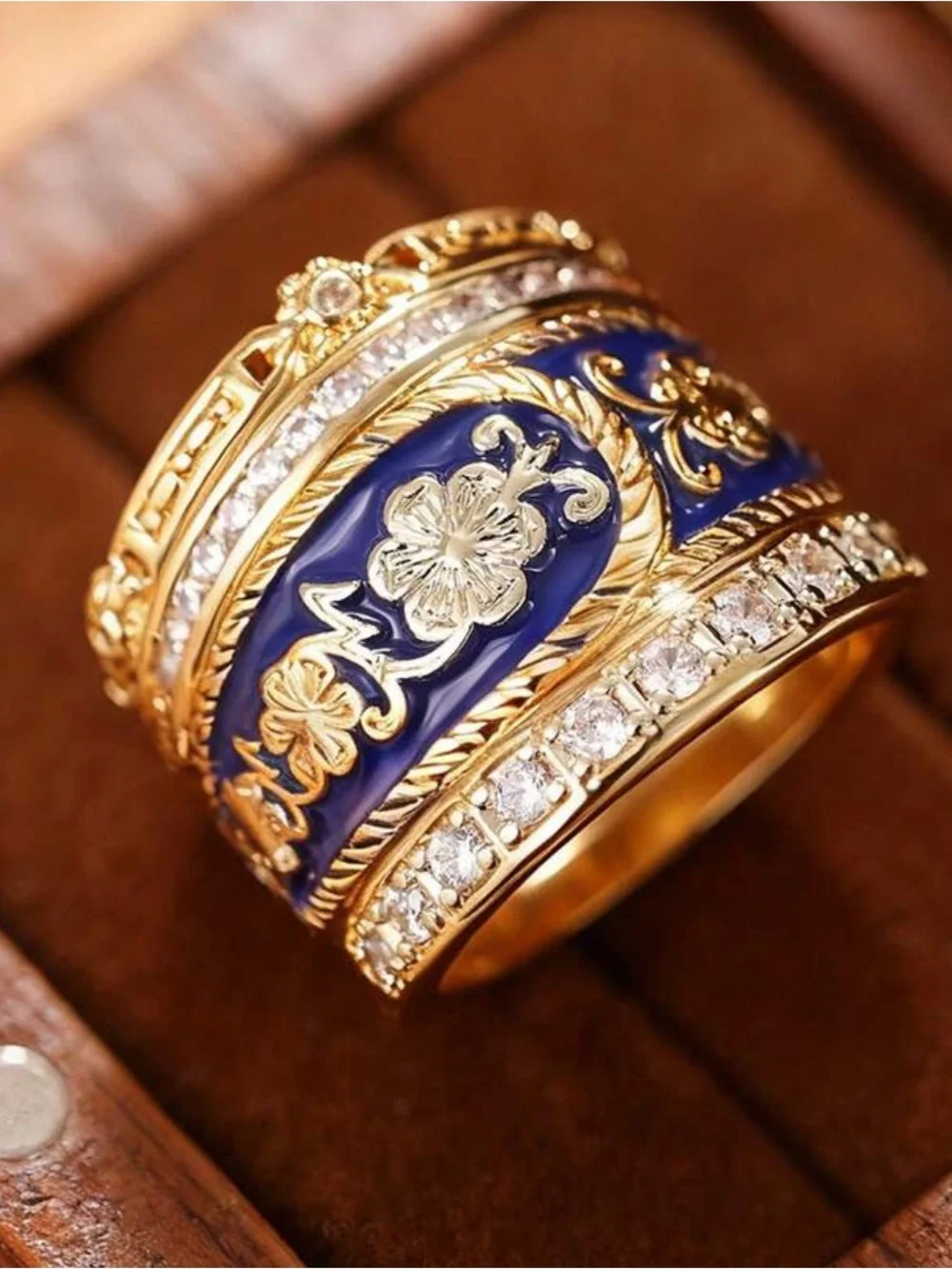 Gold and Blue Enamel Floral Band Ring